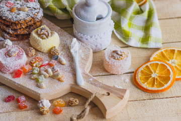 Rahat lokum with candied peels, nuts and sugar powder