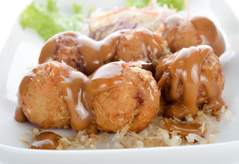 takoyaki, octopus balls, japanese food, selective focus