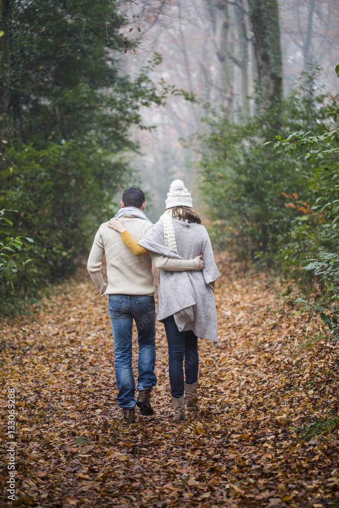 Wall mural Young couple Walking  Winter Woodland