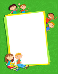 illustration of kids bunner around vertical banner behind poster vector