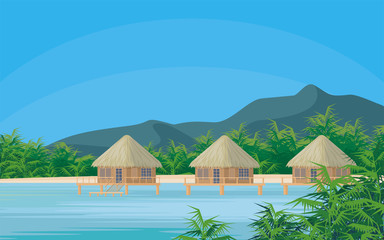 Bungalows on the ocean surrounded by tropical plants. South sea landscape. Vector background