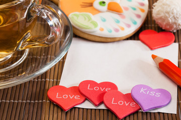 Valentine's Day, heart, note, cup of tea, the concept of happiness