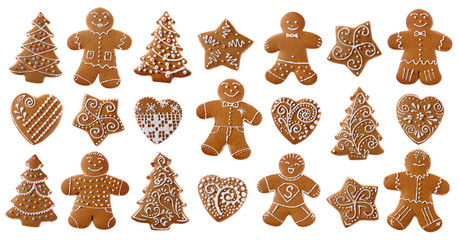 Set of christmas homemade gingerbread cookies on the white background