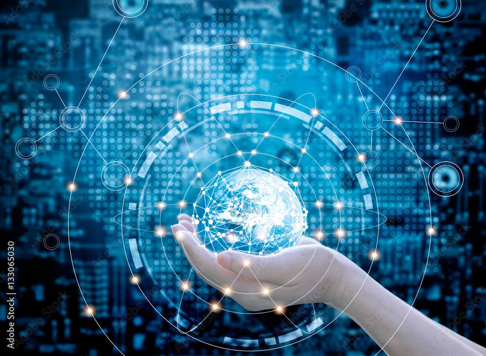 Poster hands holding circle global network connection on dark blue abstract background