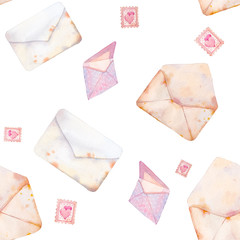 Watercolor Valentine's day seamless pattern with romantic post cards. Hand drawn texture with vintage envelope on white background.