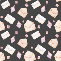 Watercolor Valentine's day seamless pattern with romantic post cards. Hand drawn texture with vintage envelope on dark background.