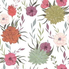 Plexiglas foto achterwand Seamless pattern with succulents, poppy and floral elements. Rustic floral background. Vintage vector botanical illustration in watercolor style. © kateja