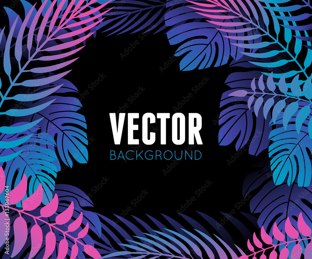 Poster vector backdrop in flat minimal style with tropical leaves