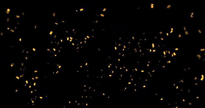 falling golden metallic glitter foil confetti, animation movement on black background, gold holiday and festive fun concept