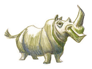 Rhinoceros cartoon character hand drawn sketch on paper