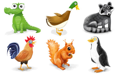 zwierzaki ilustracja krokodyl, kaczka, szop, kogut, wiewiórka i pingwin