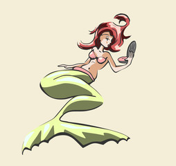 Zeemeermin kijkt in spiegel