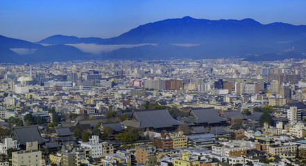 Aerial view of Nishi Honganji and Kyoto downtown cityscape