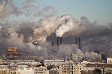 Poor environment in the city. Environmental disaster. Harmful emissions into the environment. Smoke and smog. Pollution of the atmosphere by plants. Exhaust gases - obrazy, fototapety, plakaty