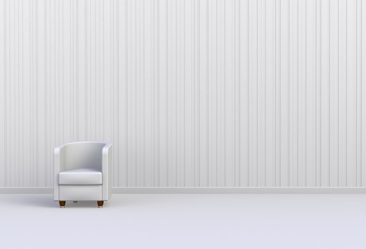 Neutral interior with chair on empty white wall background, 3D rendering
