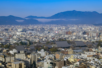 Aerial view of Nishi Honganji and Kyoto downtown cityscape