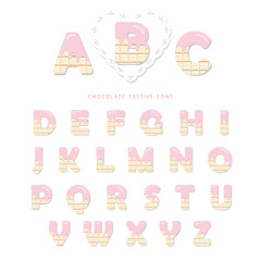 Pink cream melted on white chocolate decorative alphabet. Cute letters can be used for birthday card, Valentines day, sweets shop, girls magazine. Isolated  .