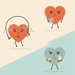 Vector. Character cartoon heart. A healthy way of life.