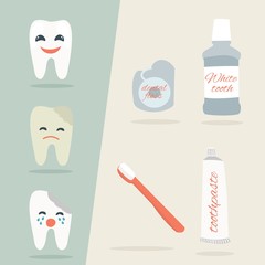 Vector. Cartoon teeth and care. Stages of tooth decay