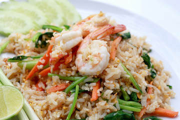 Delicious Shrimp fried rice. Unique style in the white dish on white background,  Thai food.