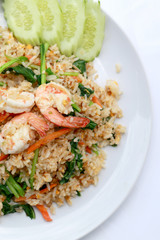 Delicious Shrimp fried rice. Unique style in the white dish on white background,  Thai food.