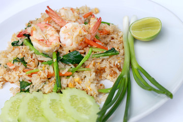Delicious Shrimp fried rice. Unique style in the white dish on white background,  Thai food.
