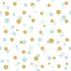 Glitter confetti polka dot seamless pattern background. Golden and pastel blue trendy colors. For birthday and scrapbook design. - obrazy, fototapety, plakaty