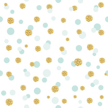 Glitter confetti polka dot seamless pattern background. Golden and pastel blue trendy colors. For birthday and scrapbook design.