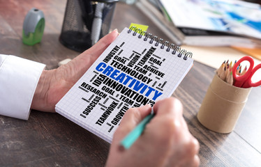 Creativity word cloud concept on a notepad
