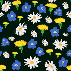Seamless pattern with white daisies, cornflowers and dandelions on a dark background.