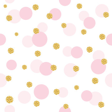 Glitter confetti polka dot seamless pattern background. Golden and pastel pink trendy colors. For birthday, valentine and scrapbook design.