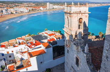 View of the sea from a height of Pope Luna's Castle. Valencia, Spain.  Peniscola. Castellón. The medieval castle of the Knights Templar on the beach. Beautiful view of the sea and the bay.