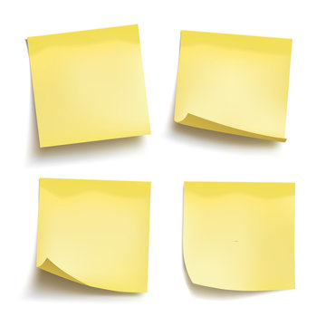 Set of yellow sheets of note papers. Four sticky notes. Vector