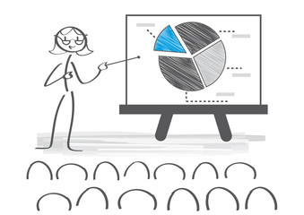 Mitarbeiterin präsentiert Bilanz - Besprechung vor Whiteboard