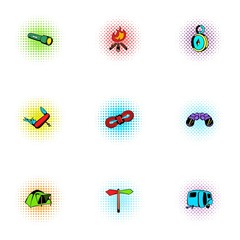 Campground icons set, pop-art style