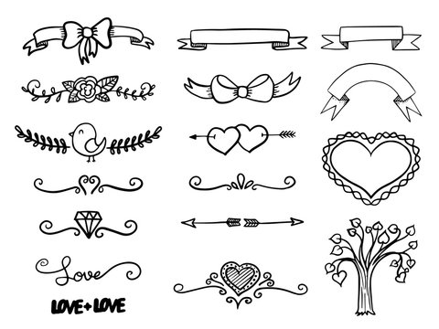 Set of hand drawn vector banner heart curls and borders. Vector illustration.
