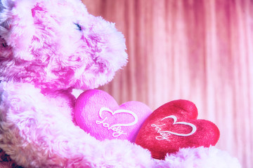 teddy Bear with Heart on wood background,concept valentine
