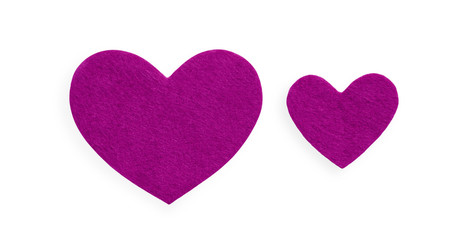 Obraz premium Violet felt hearts isolated on white background, valentine day