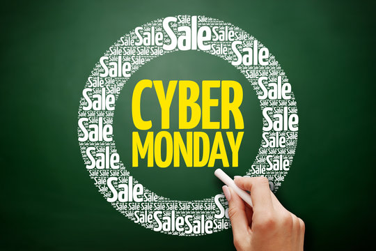 Cyber Monday word cloud collage, business concept on blackboard