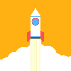 Flat style rocket rising on orange background