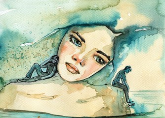 abstract watercolor illustration depicting a portrait of a woman - obrazy, fototapety, plakaty