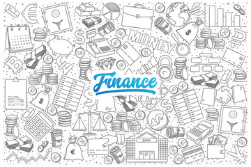 Hand drawn set of finance doodles with blue lettering in vector