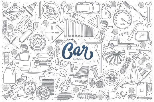 Hand drawn set of car service doodles with dark blue lettering in vector