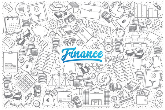 Hand drawn set of finance doodles with blue lettering in vector