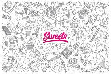 Hand drawn set of sweets doodles with bright lettering in vector