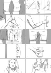 Girl in the street storyboard monochrome