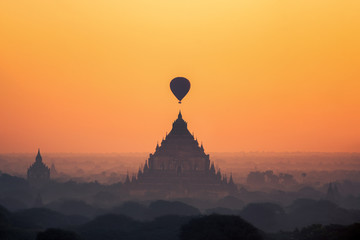 temples in Bagan with hot air balloon for traval on sun rise and