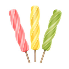 Vector Set of Yellow Pink Green Strawberry Cherry Mango Lemon Kiwi Mint Spiral Popsicle Lollipop Ice Cream Fruit Juice Ice on Stick Close up Isolated on Background