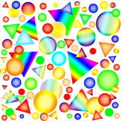 Abstract pattern - Multicolored circles, spheres and triangles in style "candy" on white background. Seamless pattern. Raster