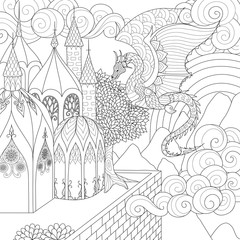 Naklejka premium Dragon flying over beautiful cathedral for adult coloring book pages